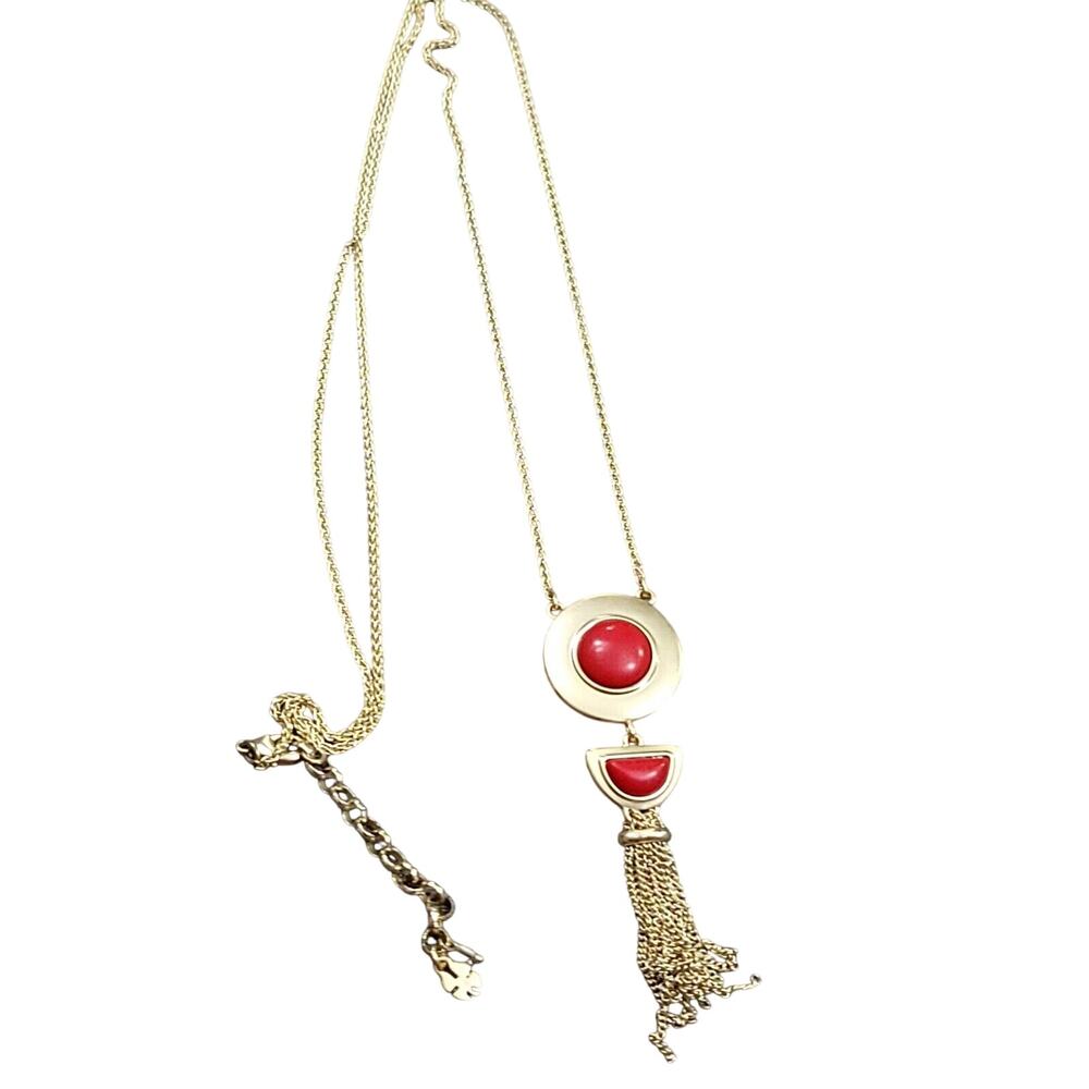 Lucky Brand Gold-Tone Reversible Red & Moonstone Tassel Necklace 32-34"